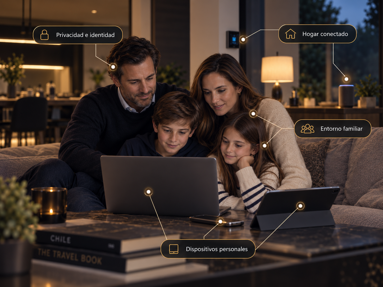 Familia en entorno doméstico conectado con indicadores de privacidad, hogar conectado, dispositivos personales y entorno familiar